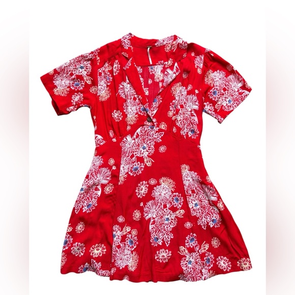 Free People Blue Hawaii Red Floral Print Mini Dress Size Large. - Picture 3 of 9
